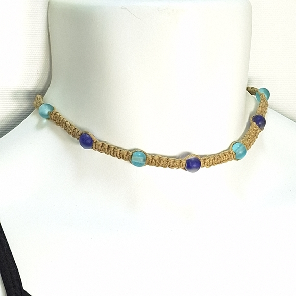 Woven Hemp Recycled Blue Glass Bead Unisex Necklace - Picture 2 of 8